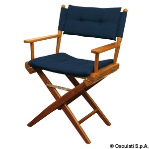 Teak folding chair blue padded fabric